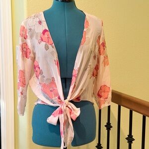 Banana Republic Sheer Silk Peach Floral Tie-front Blouse /Cardigan